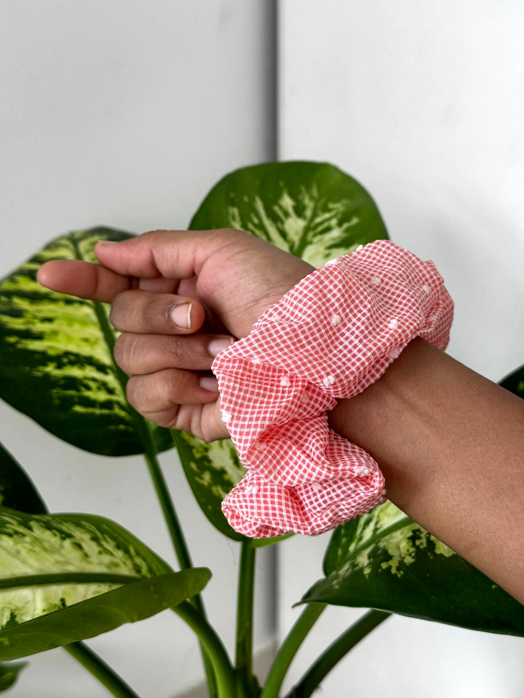 Checkered Pom-Pom Scrunchie