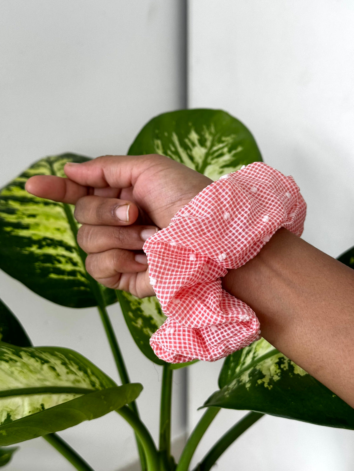 Checkered Pom-Pom Scrunchie