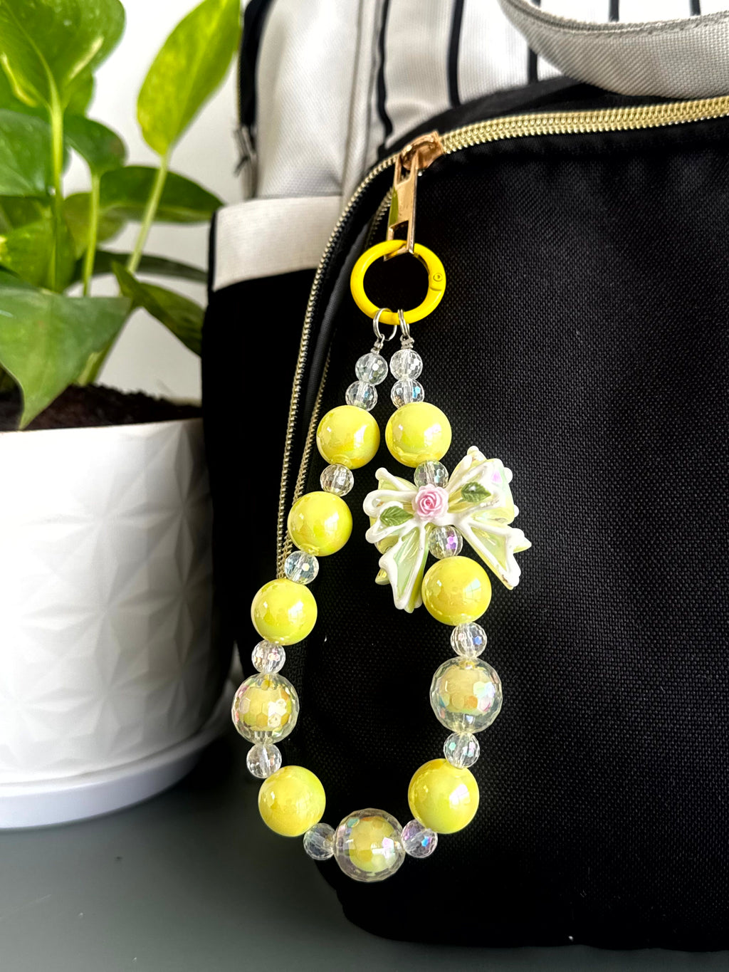 Lemon Daisy Beaded Phone Charm cum Bag Charm cum Keychain [charm holder included]